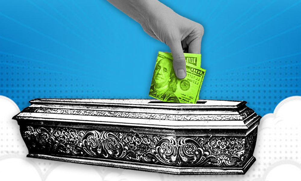 money being placed inside a coffin