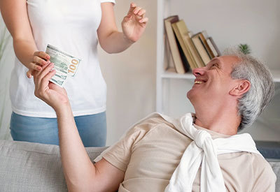 man seated on couch receives money from another person