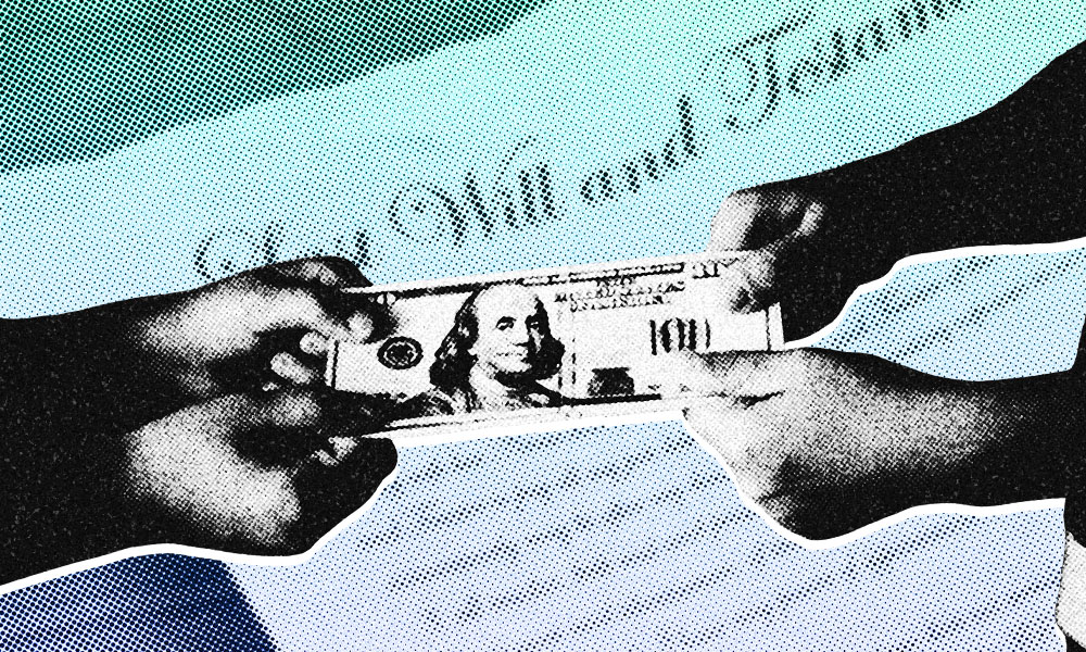 Illustration of two hands tugging a $100 bill with a backdrop containing faint text that reads 'Last Will and Testament.' The image, stylized in a dotted, halftone pattern, suggests a conflict over assets or financial matters related to inheritance per stirpes.