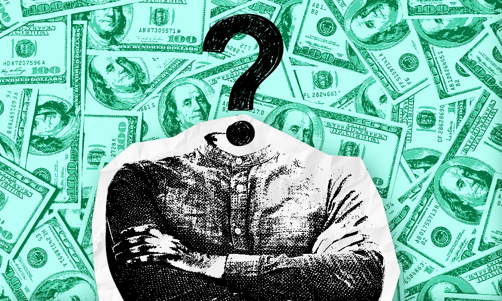 A black and white illustration of a person with their arms crossed, standing against a background of U.S. $100 bills. The head is replaced with a large black question mark, symbolizing an unidentified or mysterious individual related to inheritance and estate planning.