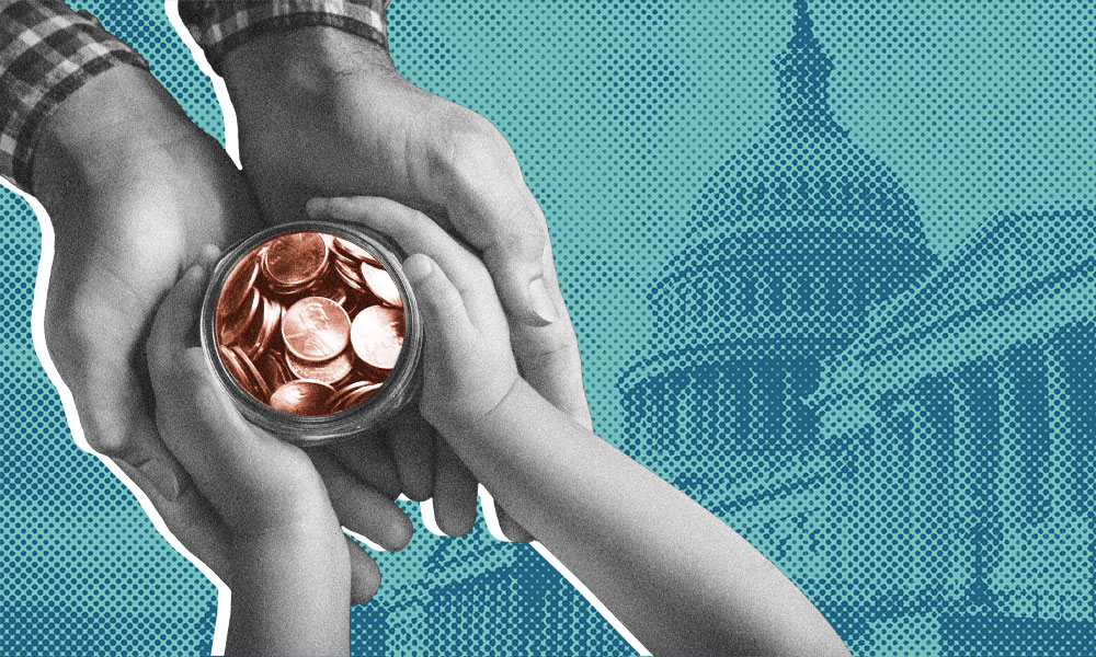 Hands of an adult and a child holding a jar of coins, set against a stylized blue background with the U.S. Capitol