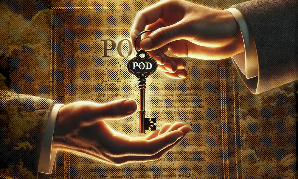  A symbolic illustration of a key labeled 'POD' being handed over, representing the power of payable-on-death accounts in estate planning