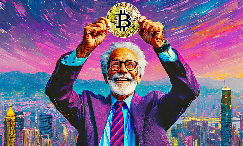 drawing of an older man holding a large bitcoin above his head