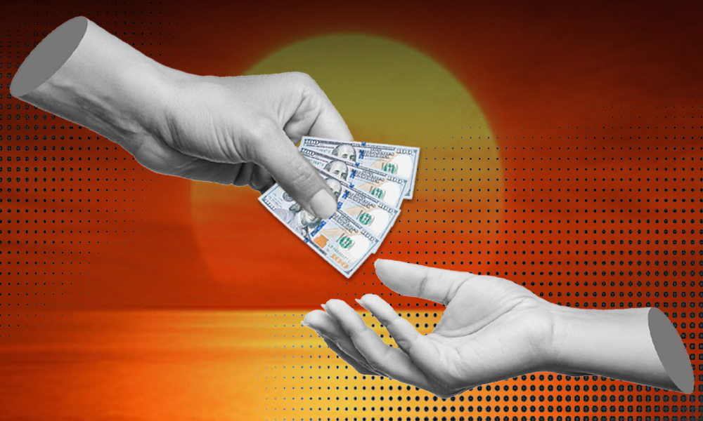 one hand giving another hand money