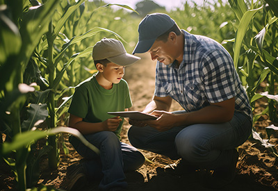 A farmer and a young boy look at a tablet together while kneeling in a cornfield, emphasizing the role of life insurance and estate planning for estate equalization in family farms.