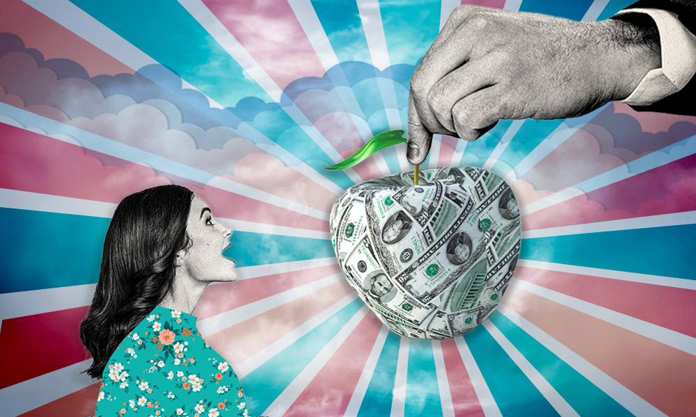 A woman in a floral dress looks up as a large hand offers her an apple made of dollar bills, set against a vibrant, radiating background, symbolizing the allure of receiving an inheritance.