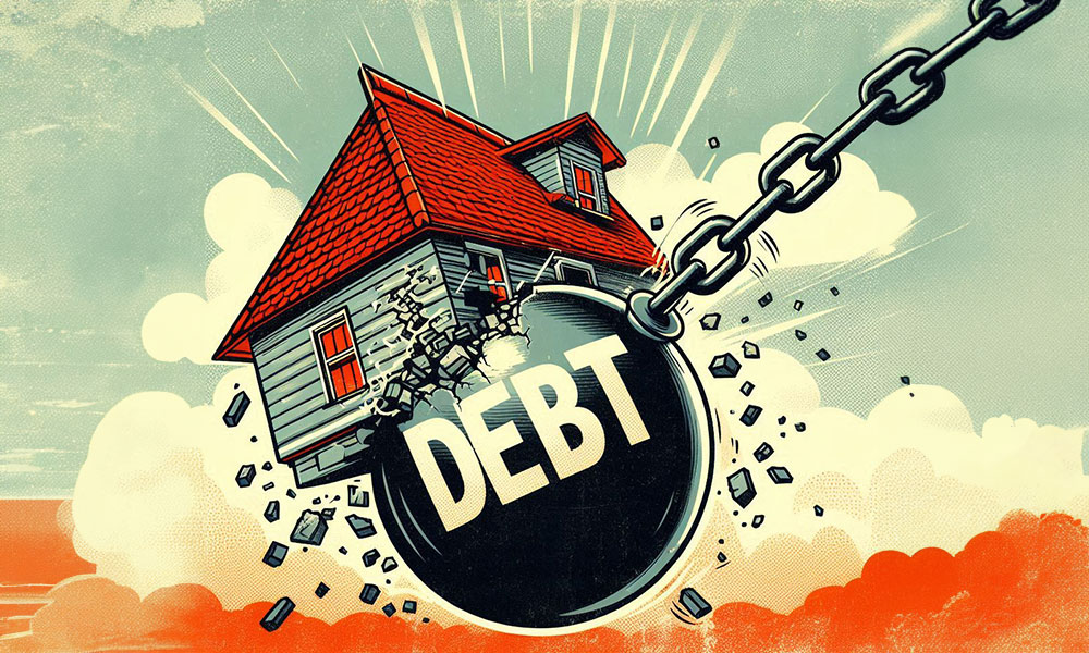 An illustration depicts a wrecking ball labeled 'DEBT' smashing into a house with a red roof. The background shows a sky with clouds, emphasizing the financial burden and highlighting the importance of estate planning. Broken pieces of the house are flying around, symbolizing debt's destructive impact.