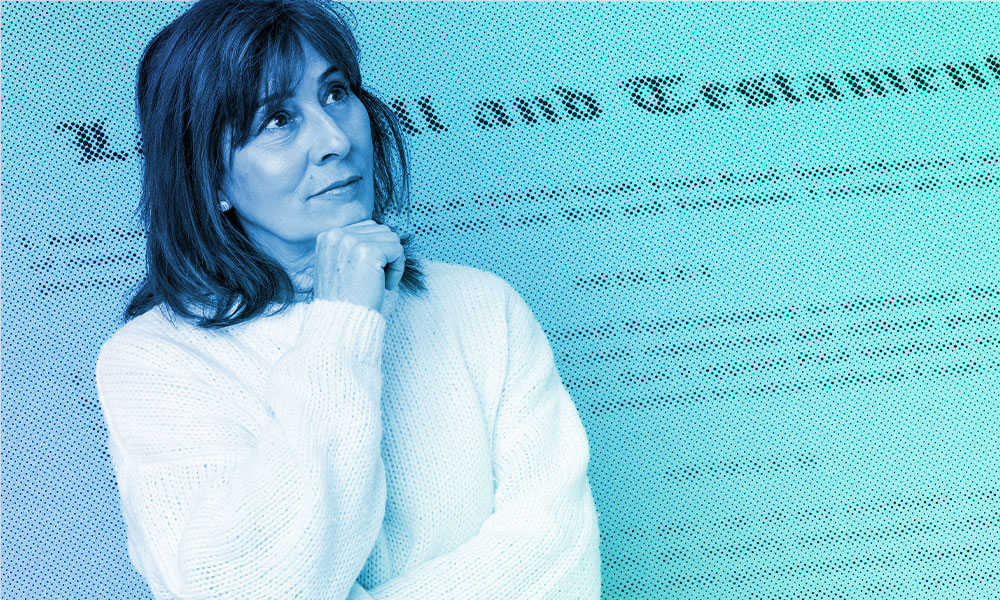 A woman with shoulder-length hair, wearing a white sweater, is looking thoughtfully to the side with her hand under her chin. The background features a printed text of a 'Last Will and Testament' document, artfully overlaid with a blue filter, subtly hinting at estate planning.