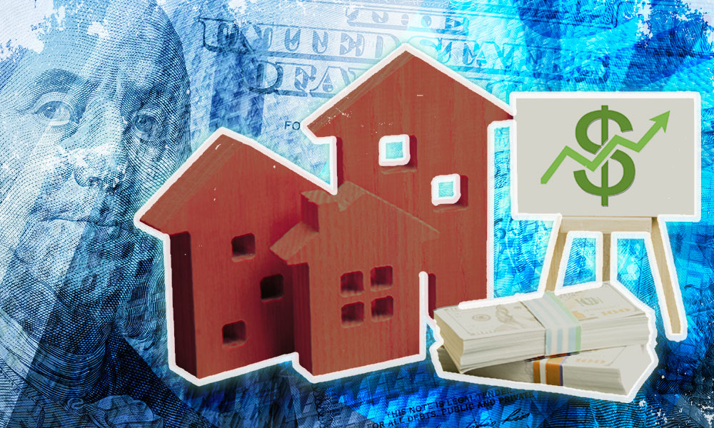 Illustration showing red wooden houses, a stack of money, and a dollar sign on a rising graph, symbolizing real estate investment, asset protection, and legacy planning, all set against a background of a hundred-dollar bill.