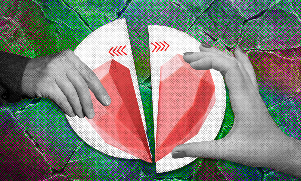 Two hands pulling apart a stylized heart symbol against a cracked green background, symbolizing the division of assets and emotional separation in divorce or estate planning.