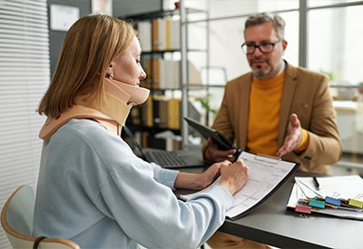A woman in a neck brace is taking notes on estate litigation while discussing legal claims with a man across the desk. 