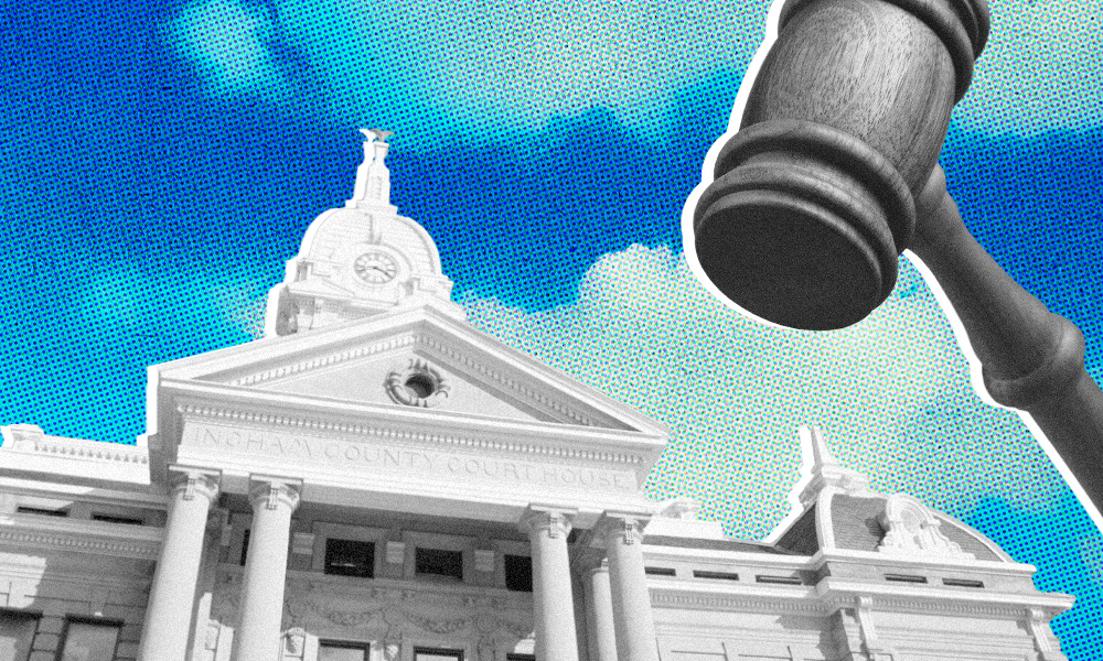 A graphic image of a courthouse with a prominent clock tower set against a vibrant blue sky with clouds. On the right side, there is a large illustration of a judge's gavel partially superimposed over the building, symbolizing the importance of communication in efective estate planning.
