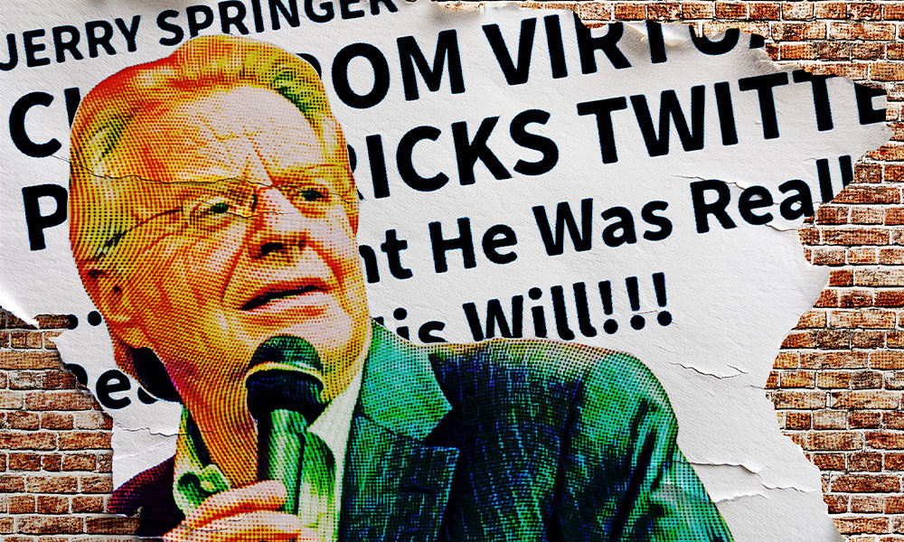 A man holding a microphone stands against a textured brick wall, with torn paper revealing bold text about a virtual headline