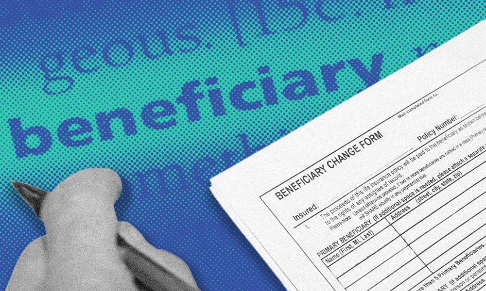 A hand holds a pen next to a 'Beneficiary Change Form,' highlighting the importance of beneficiary designations in estate planning