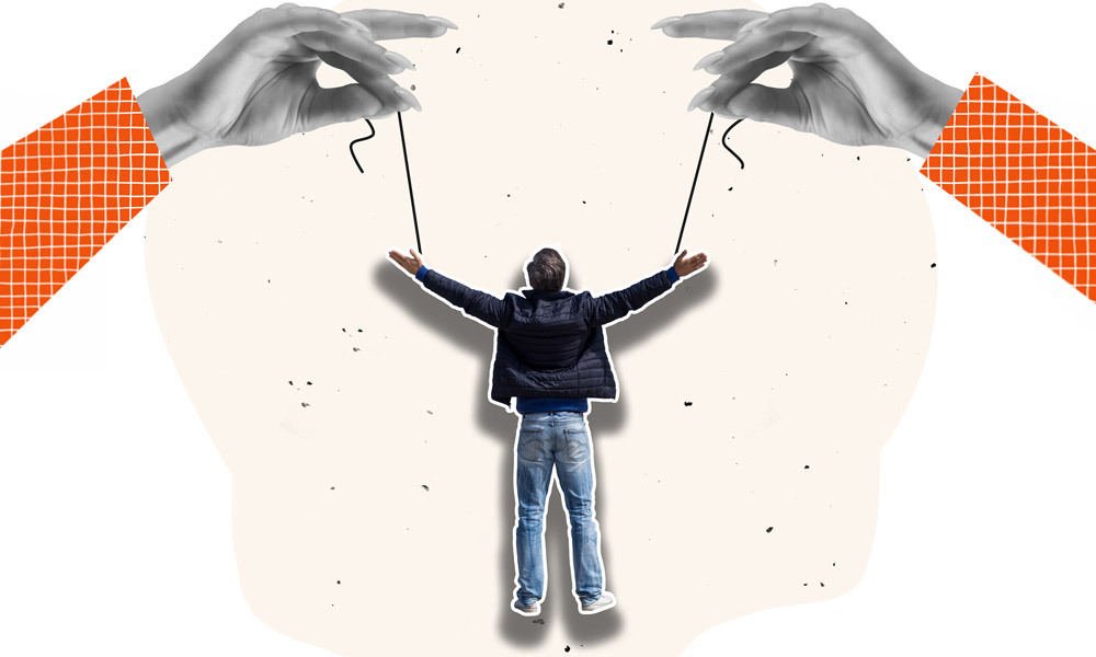 a person be held by two giant hands and two strings like a marionette puppet