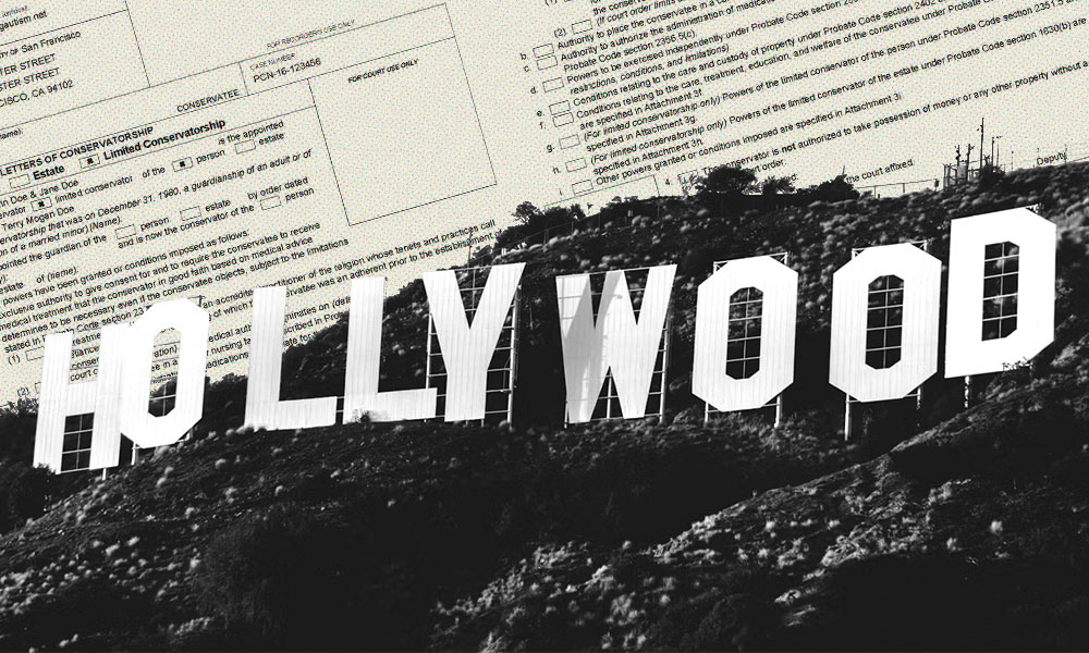 The image features a textured black and white overlay of the iconic Hollywood sign in the foreground with guardianship code and document snippets in the background.