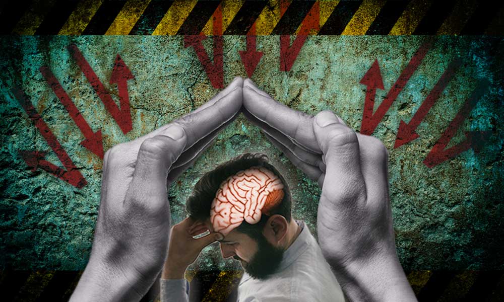 a man with a visible brain is framed by hands forming a shield over his head