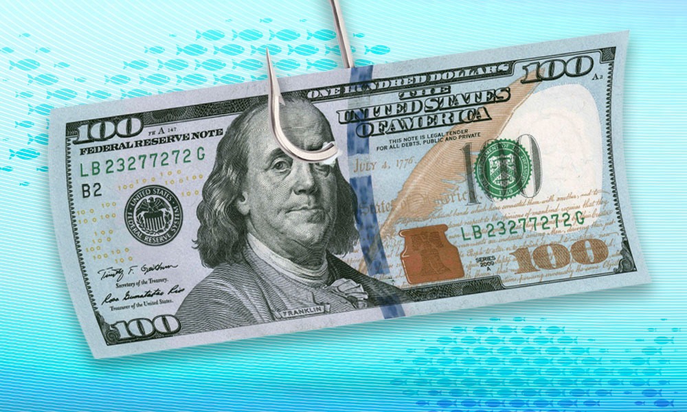 A $100 bill is hooked like bait on a fishing line, metaphorically representing the lure of 'big inheritance' scams and the need to protect your family from estate fraud.