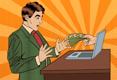 man in a suit is surprised as money is handed to him through a laptop screen, symbolizing the allure of 'big inheritance' schemes and inheritance scams.
