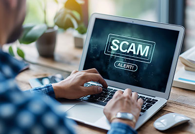 person typing on a laptop with a 'scam alert' on the screen, highlighting consumer alerts from the Federal Trade Commission (FTC) about deceptive schemes involving 'long-lost relative' inheritance scams.
