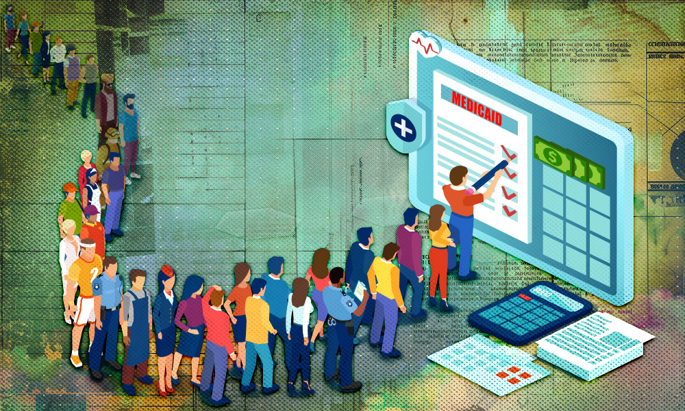 A long line of diverse people wait to complete a digital Medicaid application form