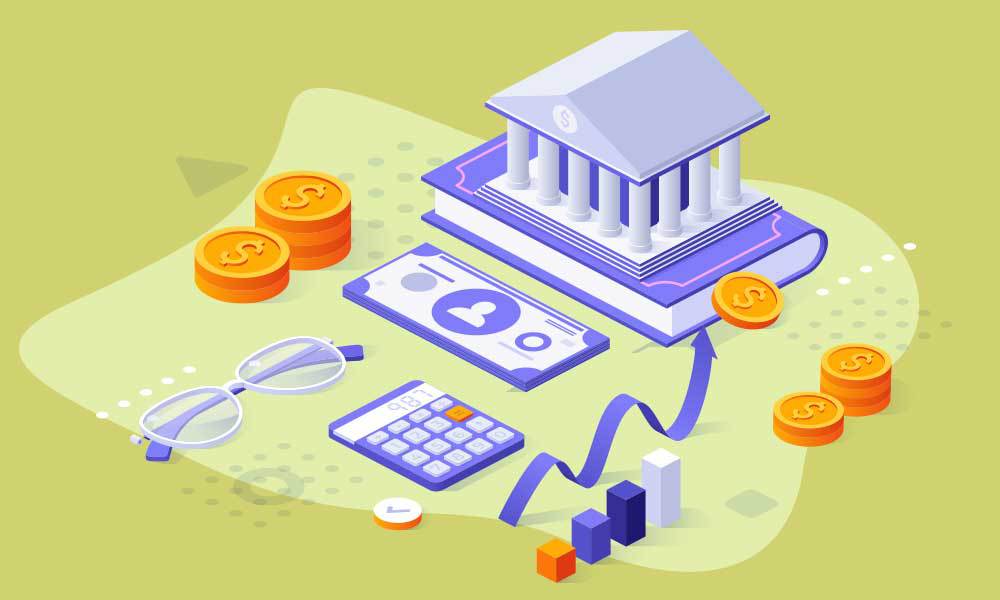 Glasses, a calculator, currency and a bank sitting on a book