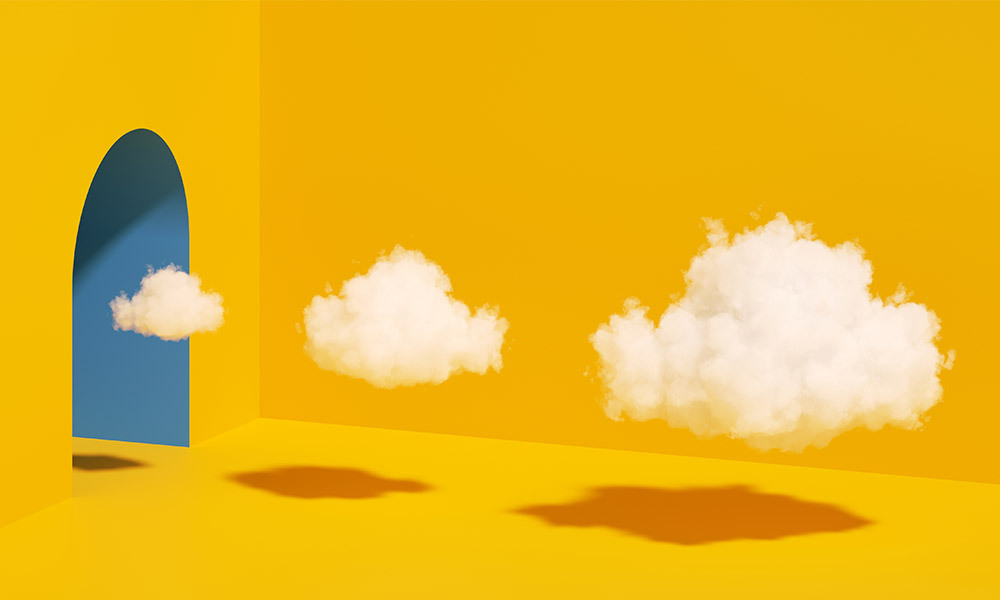 a doorway with three clouds going inside from smallest to largest