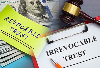 irrevocable trust document, cash and a note labeled as revocable trust