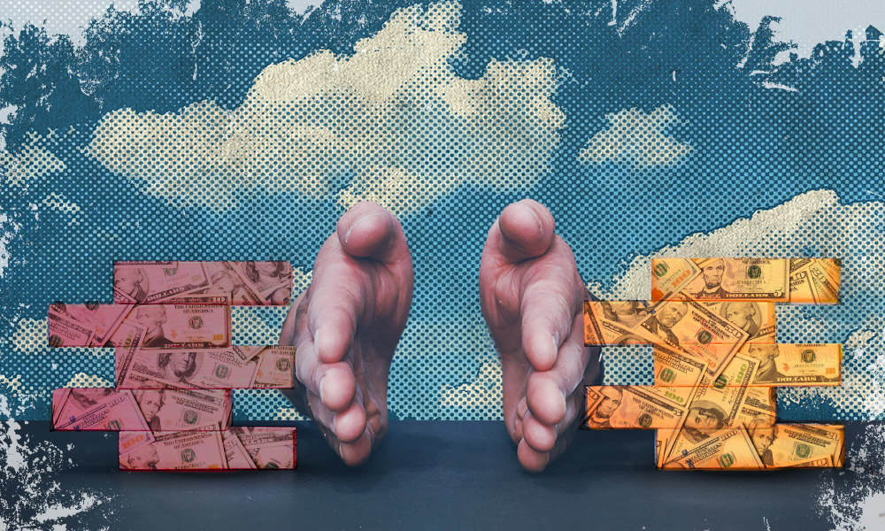 The image illustrates the concept of separating finances for an irrevocable trust, featuring two hands pushing stacks of money away from each other against a dotted cloud background, emphasizing financial division and tax responsibilities.