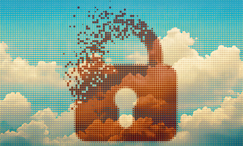A large padlock dissolves into scattered pixels against a backdrop of clouds, symbolizing the potential breakdown of asset protection trusts in shielding against Medicaid estate recovery.