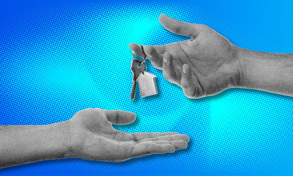 One hand is holding a set of keys with a keychain, symbolizing home ownership, while another hand reaches out to receive the keys. The background features a blue gradient with a dotted pattern.