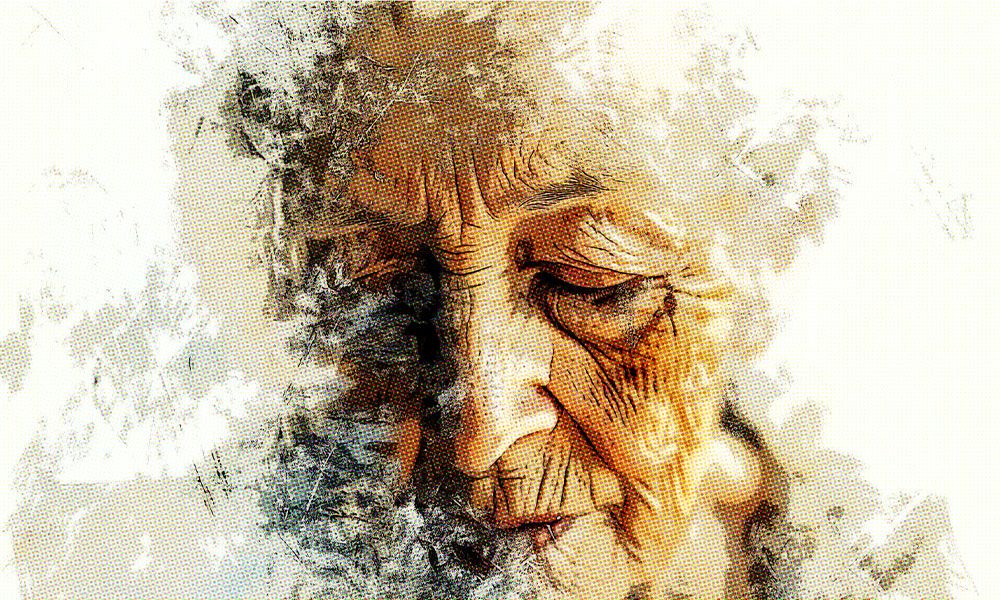A digitally altered image depicts an elderly woman's face with deep wrinkles and closed eyes, surrounded by abstract, faded textures and patterns that blend into the background. The overall effect creates a sense of nostalgia and introspection, subtly hinting at themes of incapacity and estate planning.