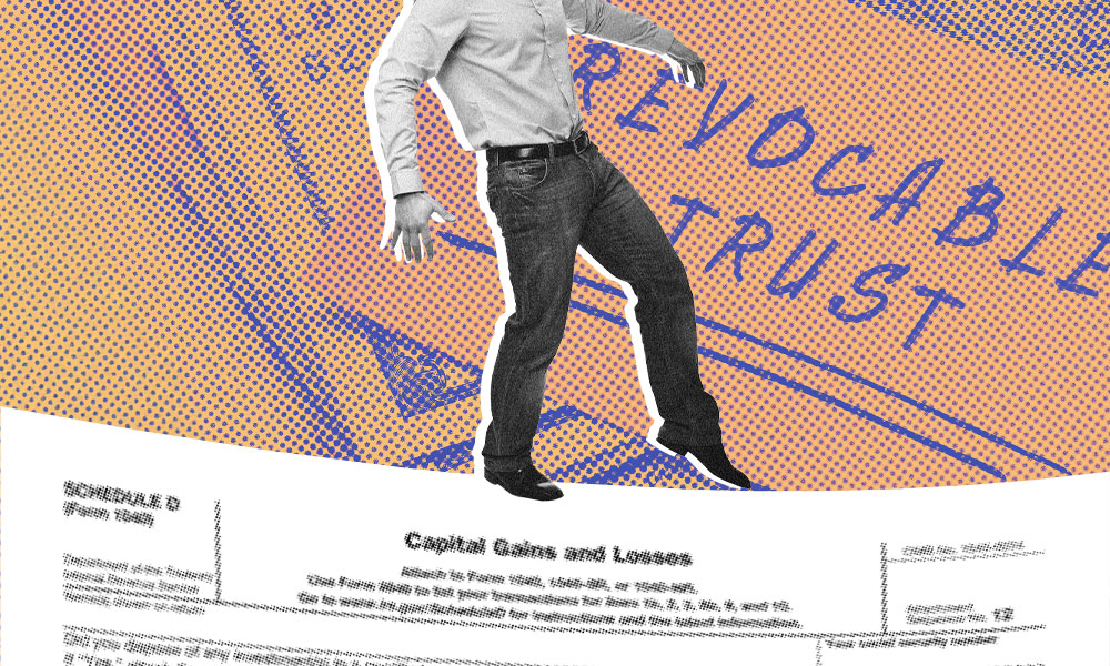 A man in jeans and a shirt is digitally superimposed over a section of a tax form labeled 'Capital Gains and Losses' alongside a document titled 'Revocable Trust.'