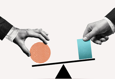 A black and white illustration showing hands balancing a striped circle and turquoise square on a seesaw