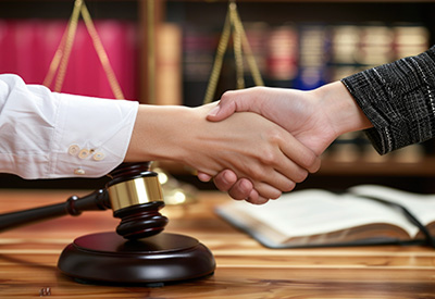 Two people shaking hands beside a gavel, representing settlement agreements in resolving estate planning disputes.