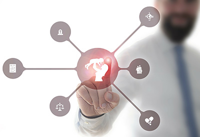 A person pointing at icons connected to a family symbol, illustrating considerations in estate planning for blended families and trustees.