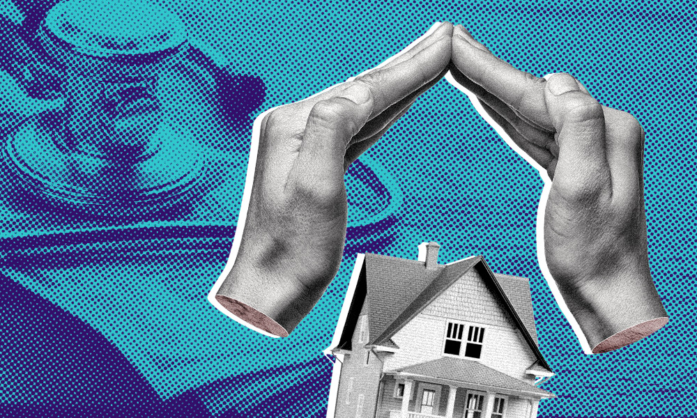 Collage art image showcasing two hands forming a protective dome over a white house against a blue backdrop with a gavel's shadow