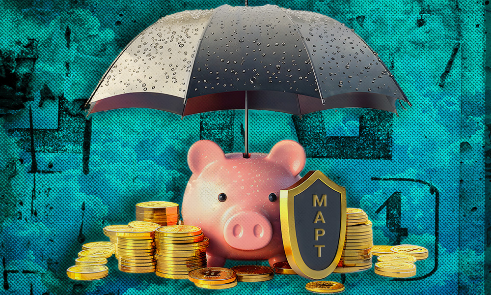 A piggy bank shielded by an umbrella surrounded by coins