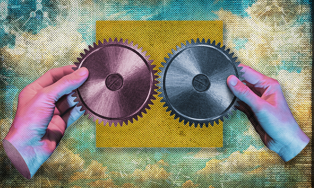 A surreal illustration of two hands holding interlocking gears against a textured sky background