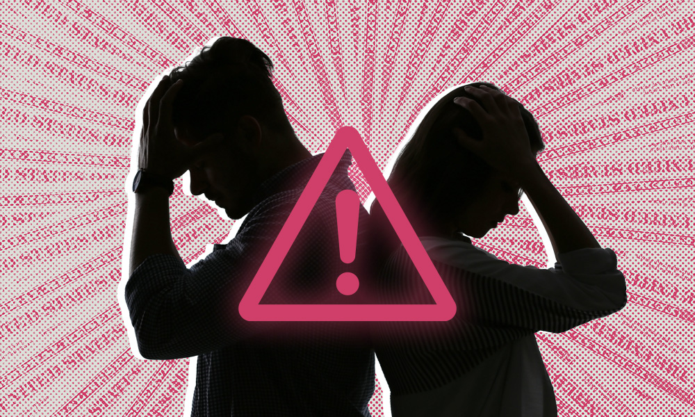 Silhouetted man and woman, possibly grappling with decisions on estate planning, stand back to back with hands on heads. A large, pink warning sign overlays them