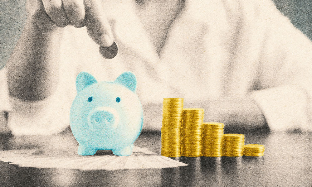 A person drops a coin into a blue piggy bank, treating it as an important asset. In the foreground, five stacks of gold coins are arranged in ascending order