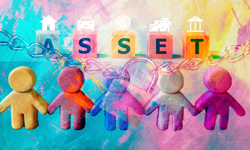 Colorful illustration depicting interconnected figures and assets