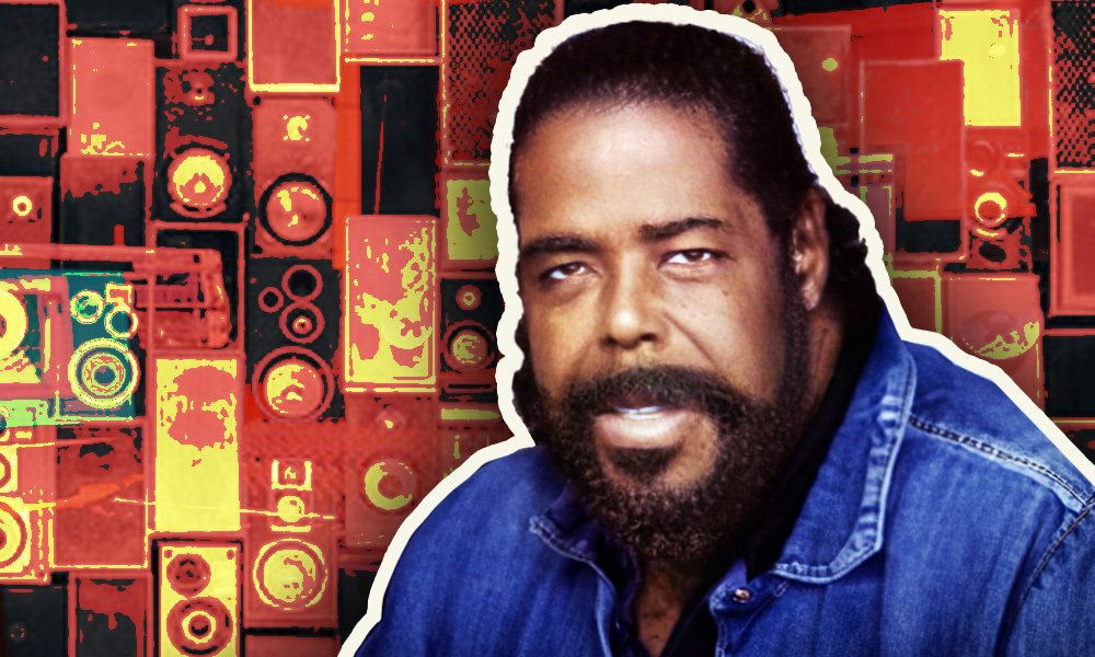 Barry White wearing a blue jean shirt