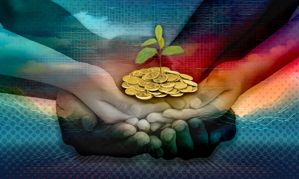 An artistic representation of multi-colored hands cradling coins and a sprouting plant, symbolizing the nurturing growth of legacy through charitable estate planning.