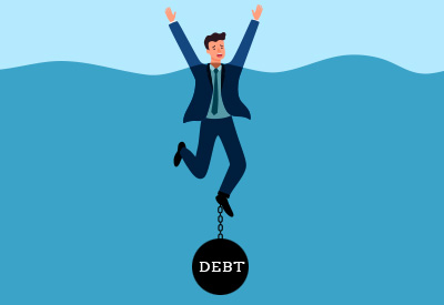 A businessman sinking in water with a debt ball chained to his leg, illustrating the burden of debt in estate planning.