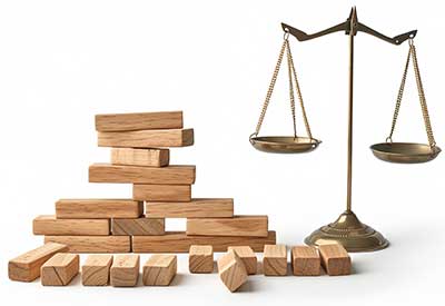 A stack of wooden blocks next to a balanced scale, symbolizing the legal and structural challenges in business.