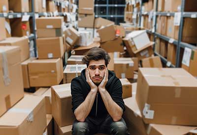 A distressed man sits in a warehouse surrounded by numerous boxes, representing management and logistical challenges.
