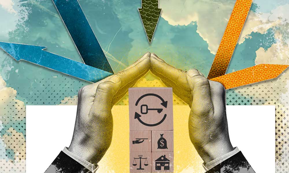 An illustration showing hands protecting various estate planning icons with arrows pointing in different directions, symbolizing disinheritance and the potential challenges of wills versus trusts.