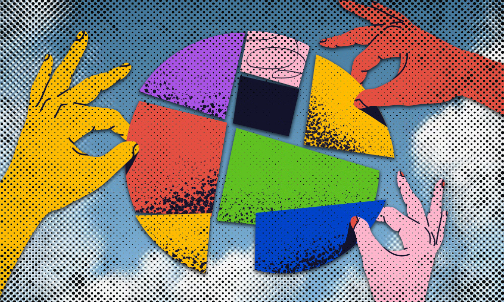 Colorful hands arrange vibrant puzzle pieces resembling a pie chart, symbolizing strategic asset-by-asset approach to optimize equity and tax efficiency in estate planning.