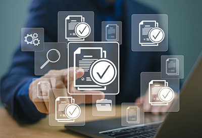 A digital interface showcases document management and approval icons, representing streamlined processes for organizing estate planning documents and beneficiary designations.